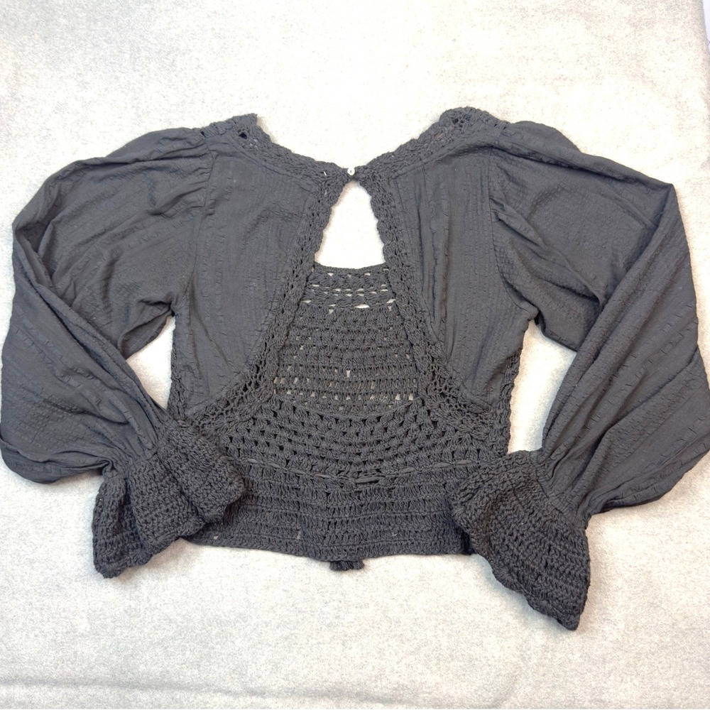 Free People Black Crochet Knit Long Sleeve Boho Crop Top Open Back Small